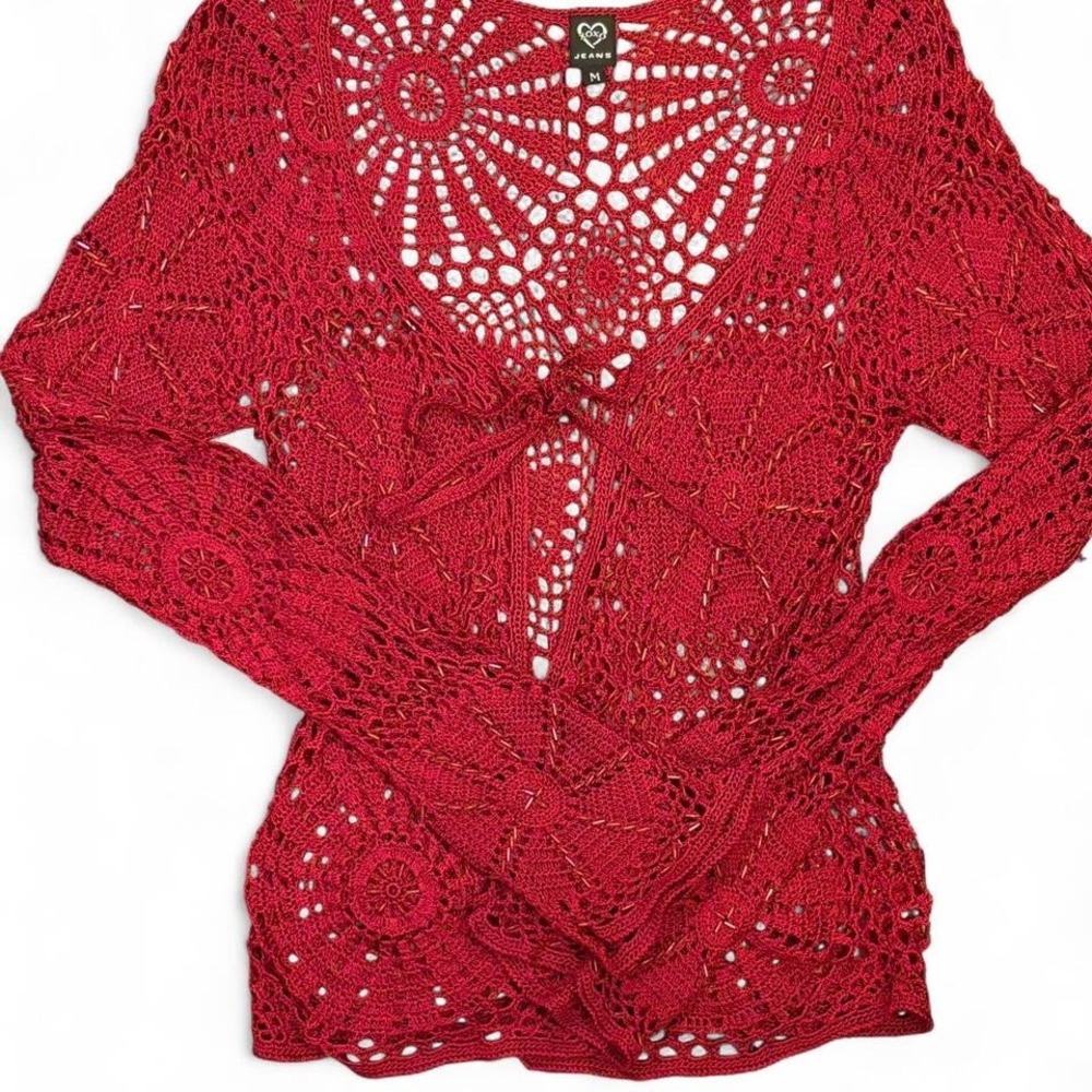 Red y2k crochet cardigan with‎ toe front by XOXO Jeans.